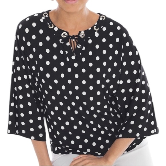 CHICOS BLACK & WHITE POLKA DOT 3/4 SLEEVE BLOUSE SZ SM - Picture 1 of 12